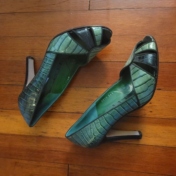 Theory Green Leather Croc Print Heels Sz 39.5 US 8 - Picture 3 of 9